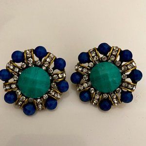1" Blue/Gold Gem Jewel Round Statement Earrings